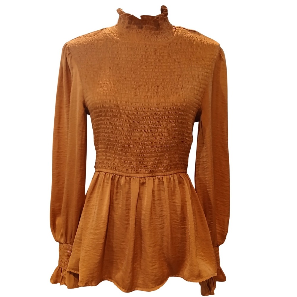 Jodifl Small Satin Burnt Orange Smocked Peplum Top Mock Neck Long Sleeve Blouse